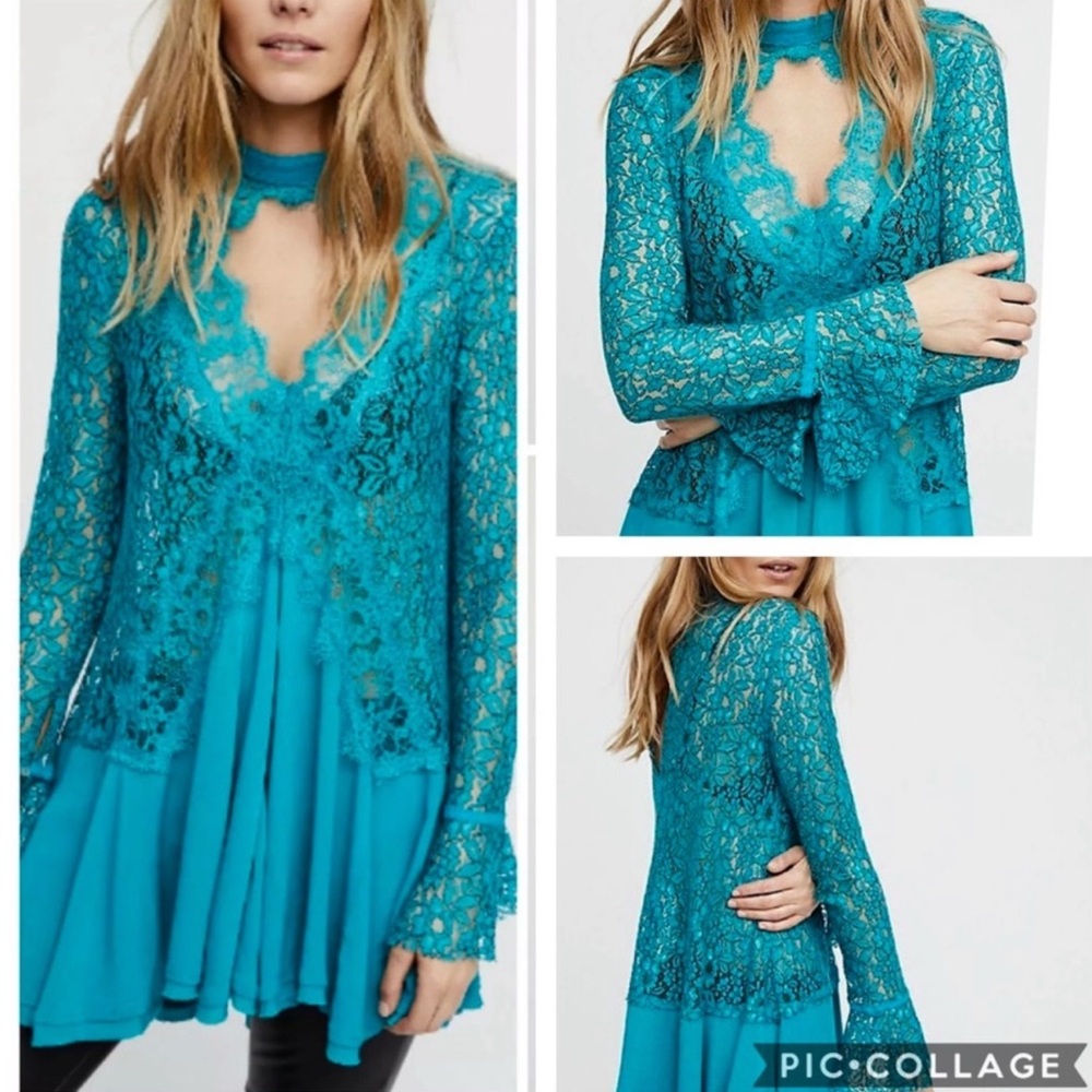 Free People NWOT Elegant Teal Lace High-Low Tunic